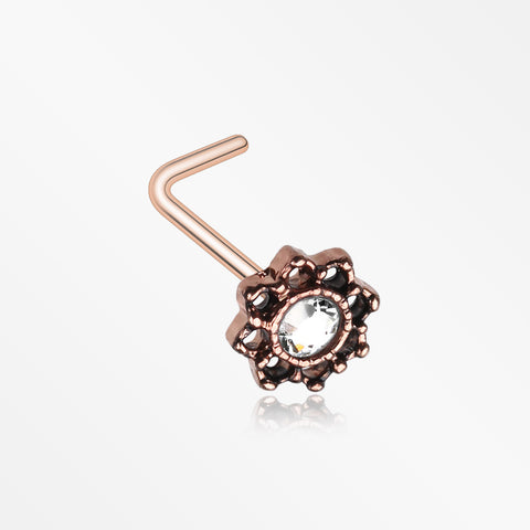 Rose Gold Lotus Filigree Sparkle Icon L-Shaped Nose Ring-Clear