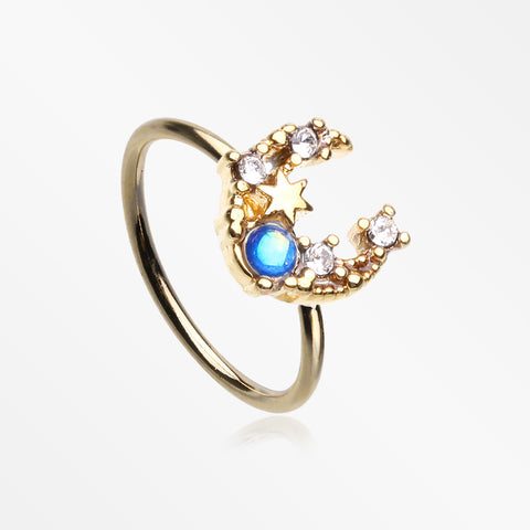 Golden Mystic Opalescent Crescent Moon and Star Sparkle Bendable Hoop Ring-Clear Gem/Blue