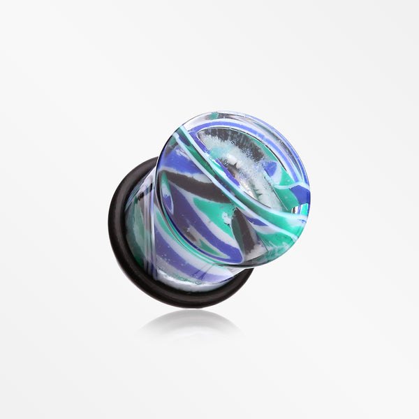 A Pair of Vibrant Marble Swirls Single Flared Ear Gauge Plug-Green/Blue