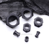 Detail View 2 of A Pair of Hexagon Bolt Flexible Silicone Double Flared Ear Gauge Tunnel Plug-Black