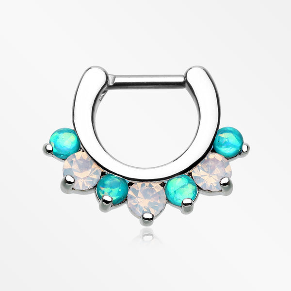 Opal Sparkle Deuce Septum Clicker Ring-Teal/White