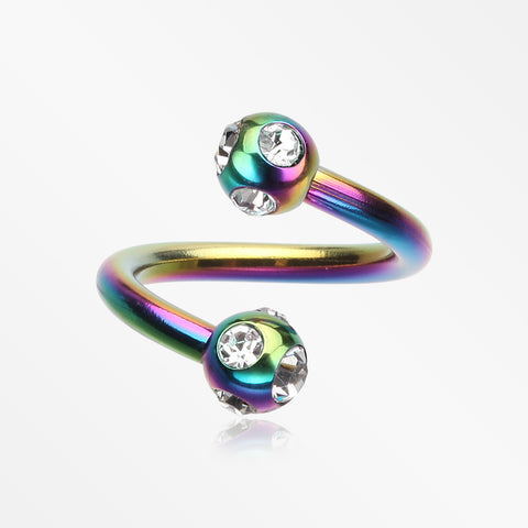 Colorline PVD Aurora Gem Ball Twist Spiral Ring-Rainbow/Clear