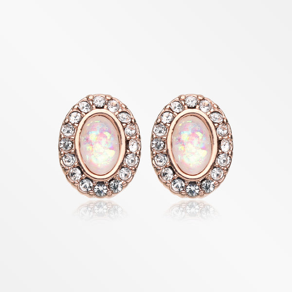 A Pair of Rose Gold Opal Elegance Sparkle Stud Earrings-Clear/White