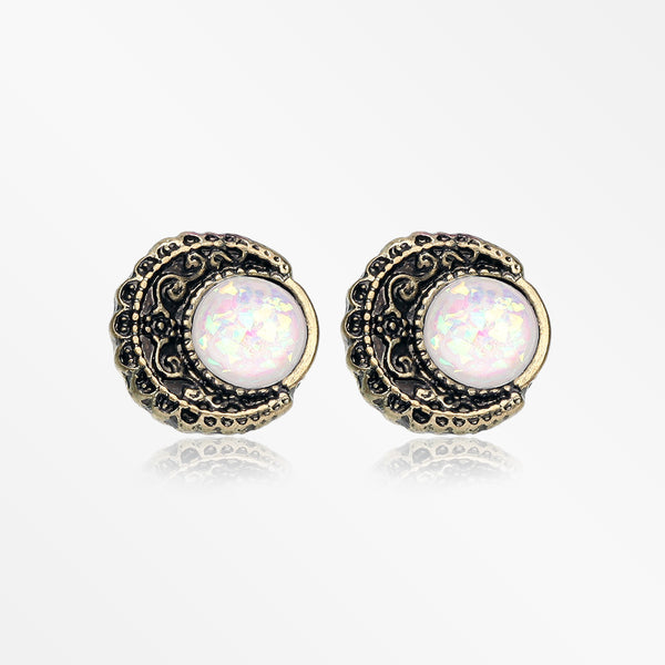 A Pair of Vintage Rustica Boho Filigree Opal Moon Stud Earrings-Brass