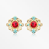 Golden Vintage Boho Filigree Flower Ear Stud Earrings-Turquoise/Red