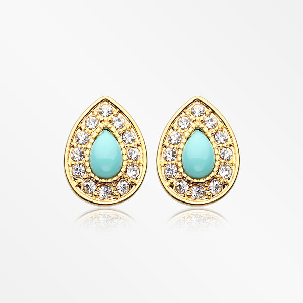 A Pair of Golden Avice Turquoise Multi-Gem Ear Stud Earrings