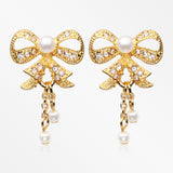 Golden Bow-Tie Splendid Dangle Ear Stud Earrings-Clear/White