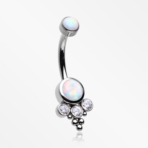 Implant Grade Titanium Internally Threaded Bali Bead Fire Opal Sparkle Belly Button Ring-White Opal/Clear Gem