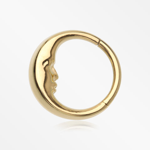 Pure24K Implant Grade Titanium Vintage Crescent Moon Face Clicker Hoop Ring