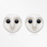 A Pair of Frosty Barn Owl Handcarved Earring Stud-Clear/White