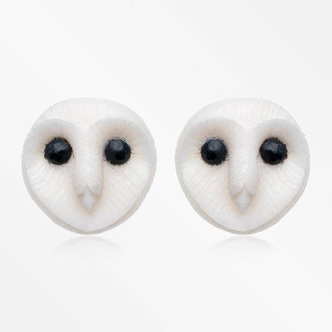 A Pair of Frosty Barn Owl Handcarved Earring Stud-Clear/White