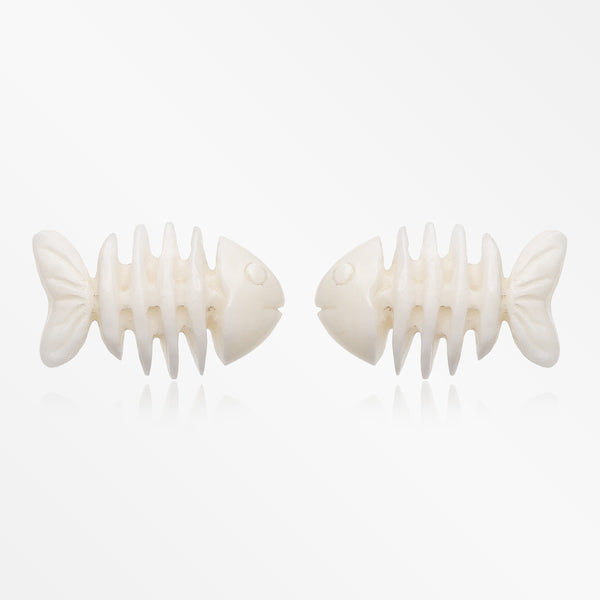 A Pair of Fish Bone Fossil Handcarved Earring Stud-Clear/White