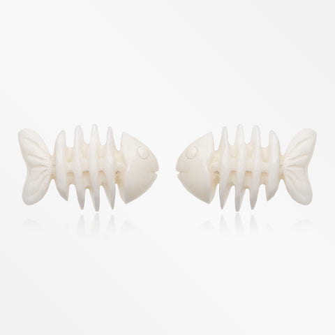 A Pair of Fish Bone Fossil Handcarved Earring Stud-Clear/White