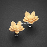 A Pair of White Starburst Flower Handcarved Wood Earring Stud-Yellow