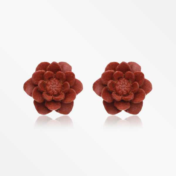 A Pair of Brown Water Lily Handcarved Wood Earring Stud-Orange/Brown