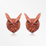 A Pair of The Great Horned Owl Handcarved Earring Stud-Orange/Brown