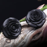 A Pair of Rosebud Full Bloom Arang Wood Double Flared Plug-Black