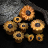 A Pair of Classic Sunflower Jackfruit Wood Handcarved Ear Gauge Plug-Yellow