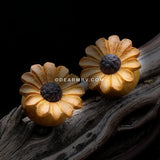 A Pair of Classic Sunflower Jackfruit Wood Handcarved Ear Gauge Plug-Yellow