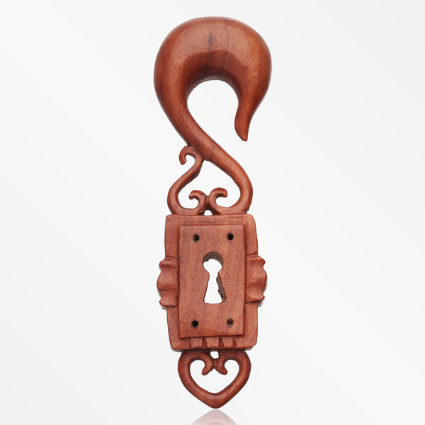 A Pair of Heart Lock Box Sabo Wood Hanging Ear Gauge Taper-Orange/Brown