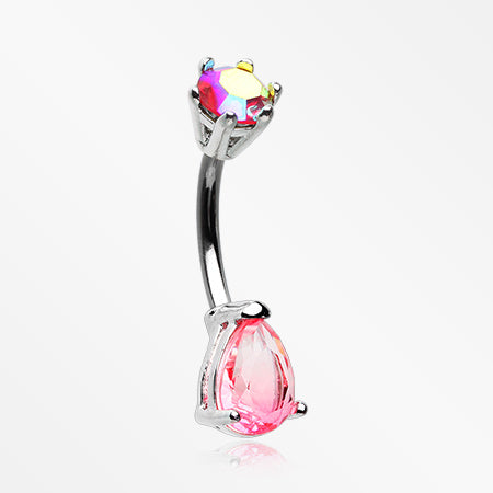 Brilliant Bio Tourmaline Sparkle Teardrop Prong Belly Button Ring-Pink/Peach