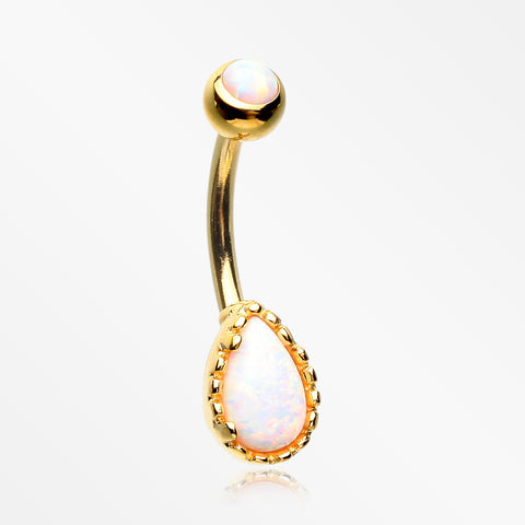Golden Fire Opal Elegance Teardrop Belly Button Ring-White