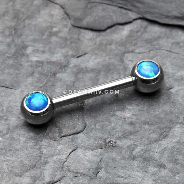 Detail View 1 of A Pair of Fire Opal Steel Nipple Barbell Ring-Blue