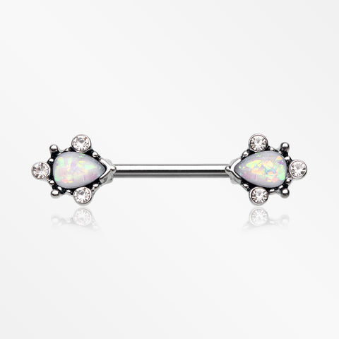 A Pair of Vintage Thorn Filigree Opal Sparkle Nipple Barbell-Clear/White Opal