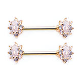 A Pair of Golden Grand Luria Floral Sparkle Nipple Barbell-Clear Gem