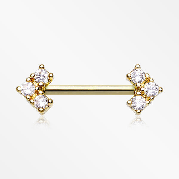 A Pair of Golden Geometric Arrow Sparkles Nipple Barbell-Clear Gem