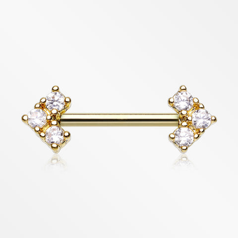 A Pair of Golden Geometric Arrow Sparkles Nipple Barbell-Clear Gem