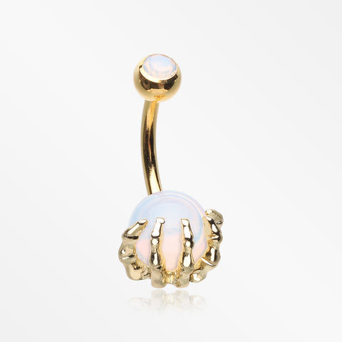 Golden Moonstone Orb Shine Skeleton Hand Belly Button Ring