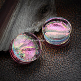 A Pair of Dichroic Glass Iridescent Double Flared Plug-Rainbow