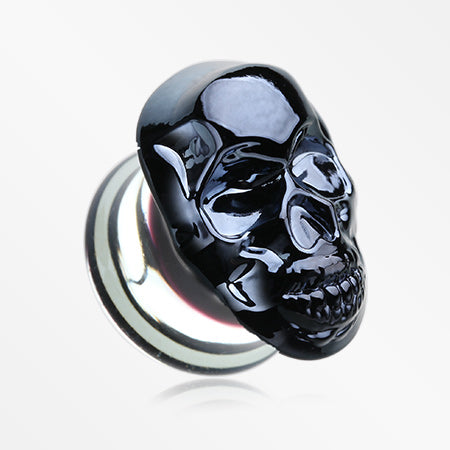 A Pair of Gunmetal Death Skull Glass Double Flared Plug