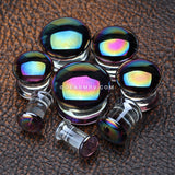 A Pair of Rainbow Slick Iridescent Convex Glass Double Flared Plug