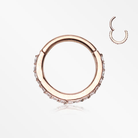 Rose Gold Brilliant Sparkle Gems Lined Clicker Hoop Ring-Clear
