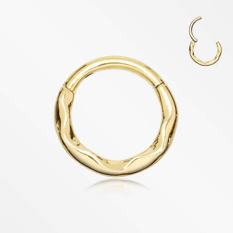 Golden Classic Hammered Wave Seamless Clicker Hoop Ring