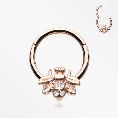 Rose Gold Vintage Honey Bee Sparkle Seamless Clicker Hoop Ring-Clear